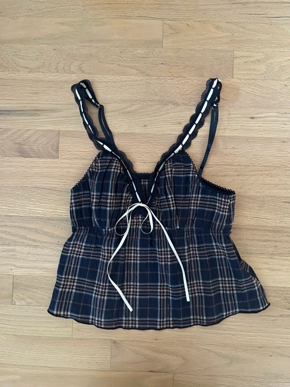 EDIKTED Plaid Spaghetti Strap Tank Top in Navy and Brown